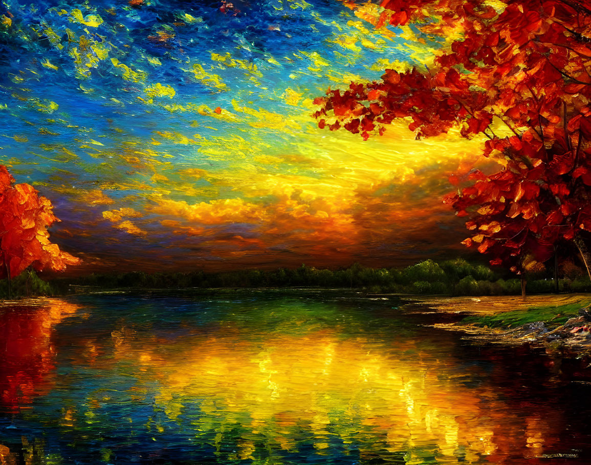 Scenic sunset over tranquil lake with autumn foliage