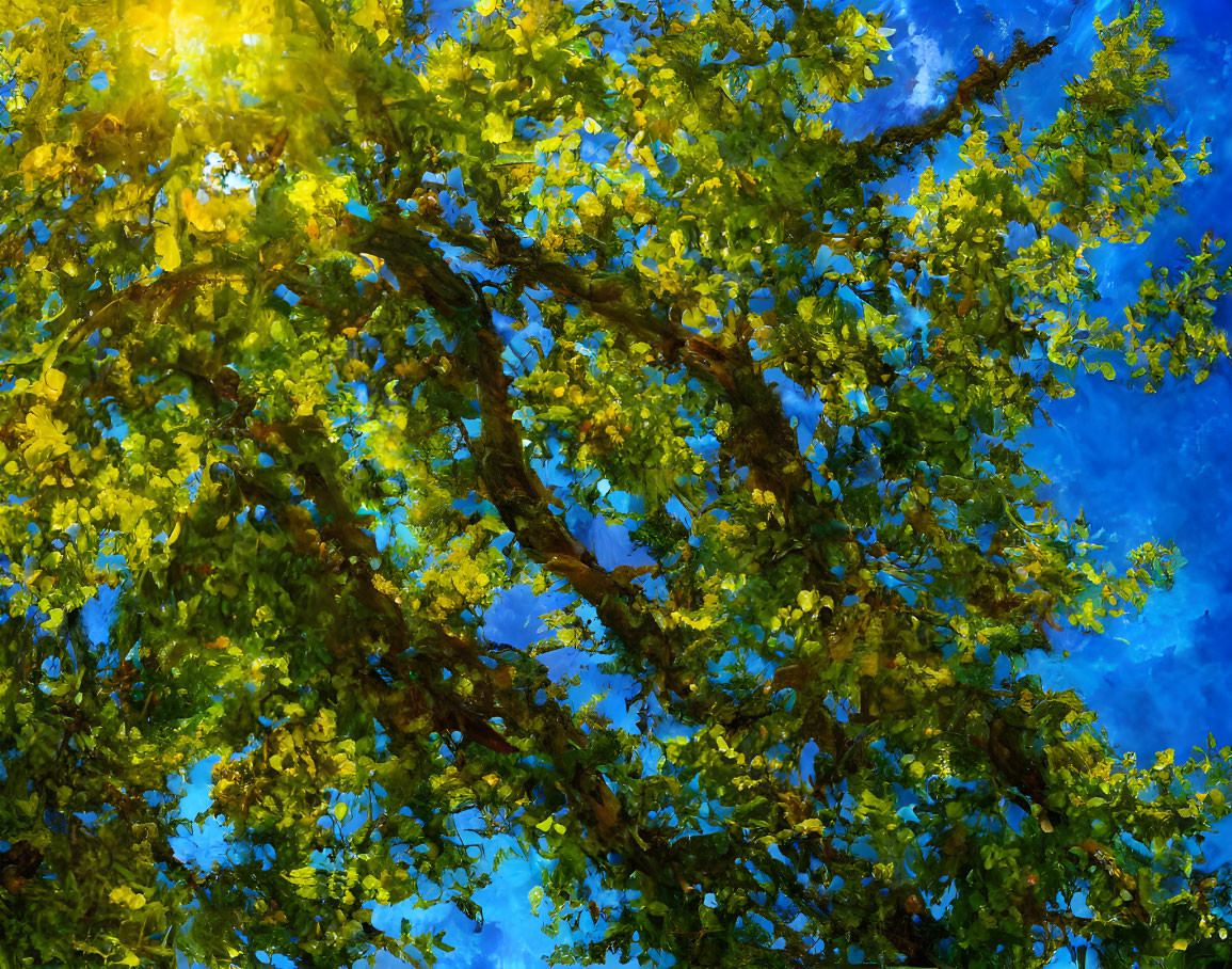 Vivid green tree branches under bright sunlight on a blue sky.