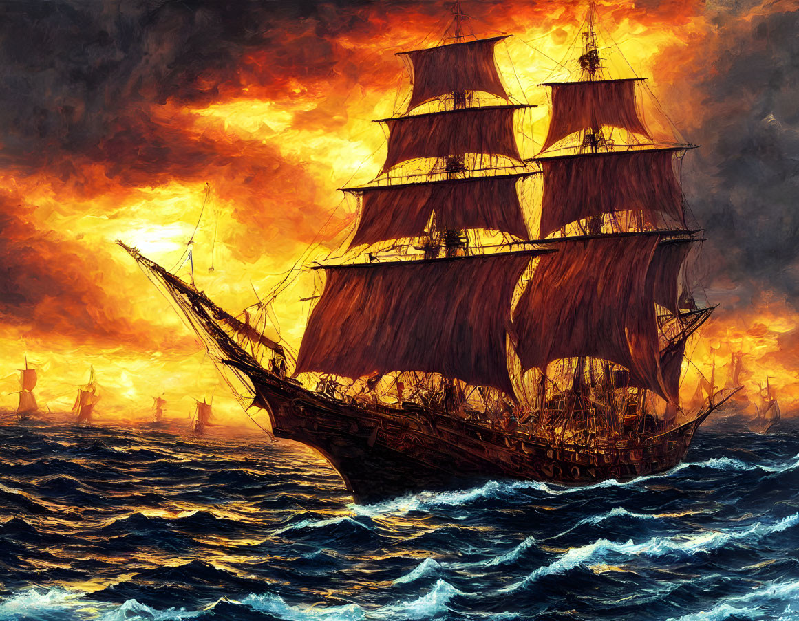 Majestic sailing ship battles turbulent seas at fiery sunset