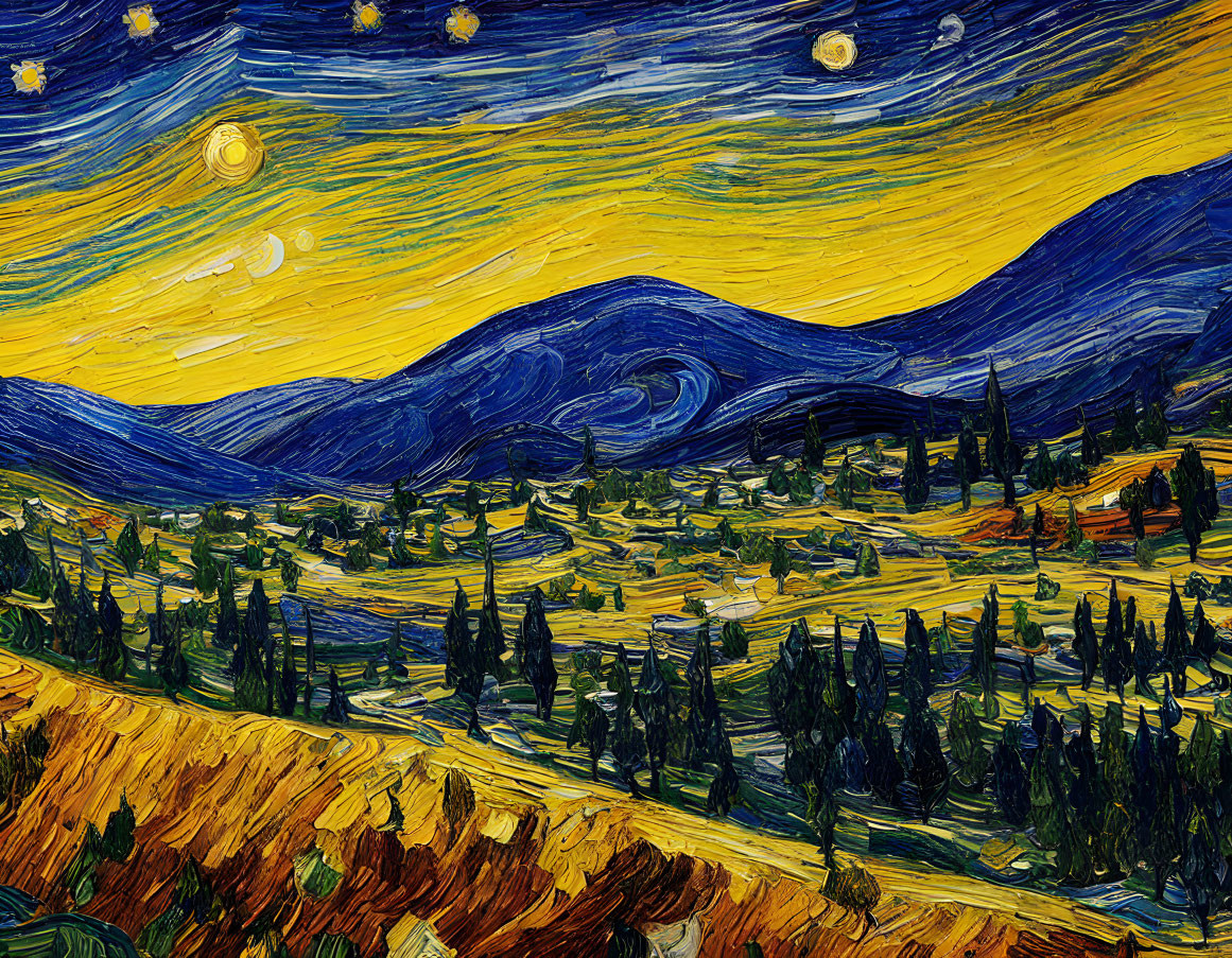 Colorful painting of starry night sky over sleepy village