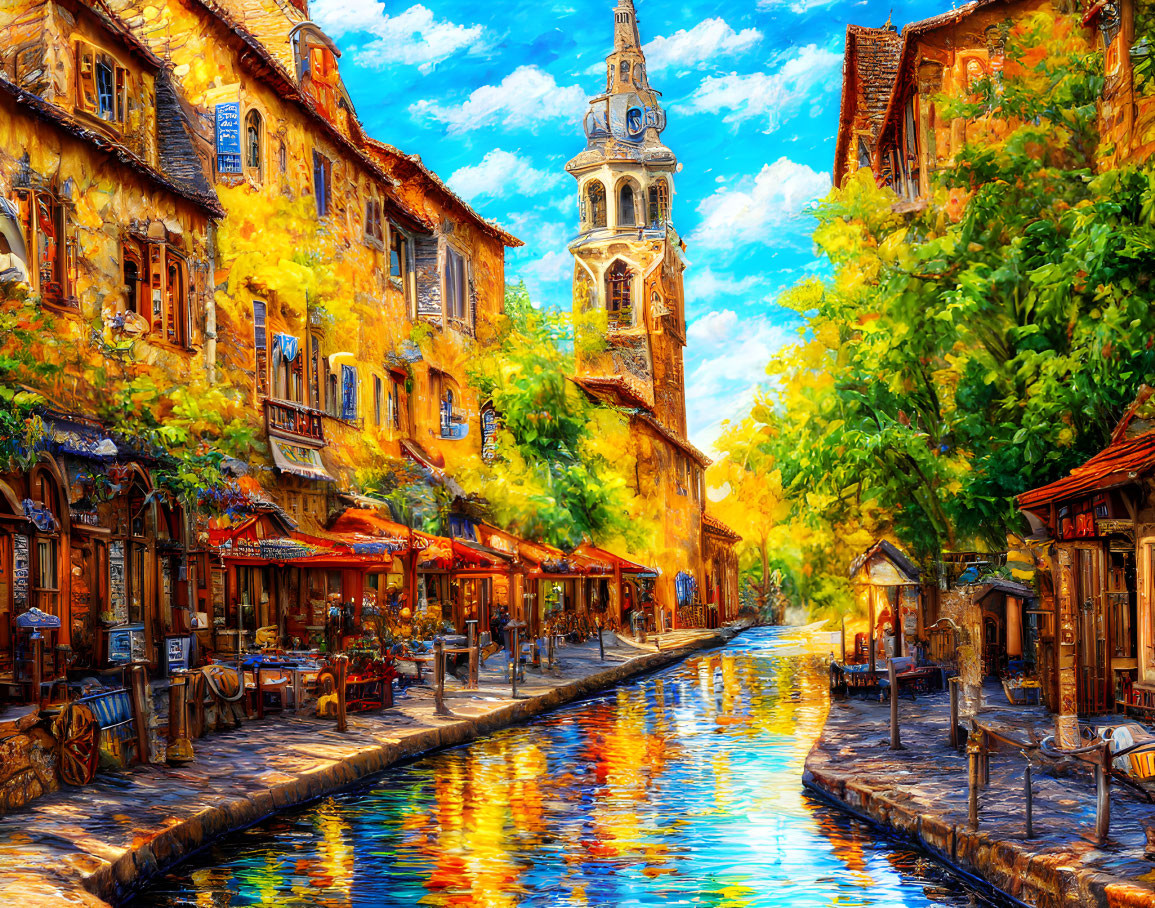 Colorful Canal Scene with Quaint Buildings and Outdoor Cafes