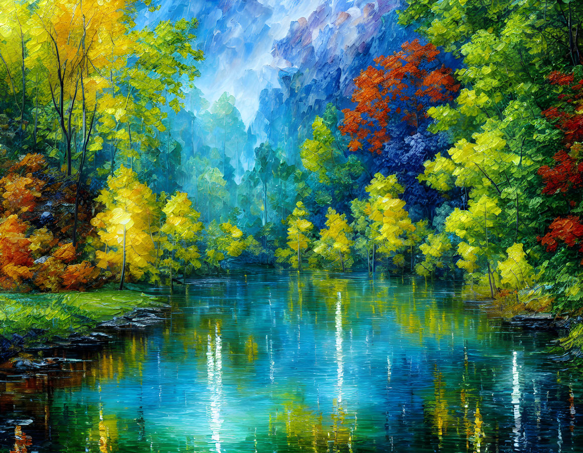 Serene river with autumn tree reflections in vibrant oil painting