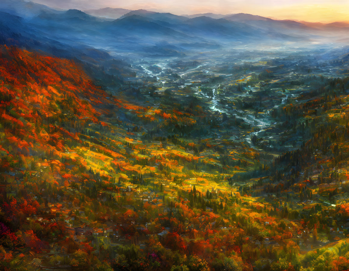 Autumn landscape painting: fiery foliage, sunlit valleys, misty mountains