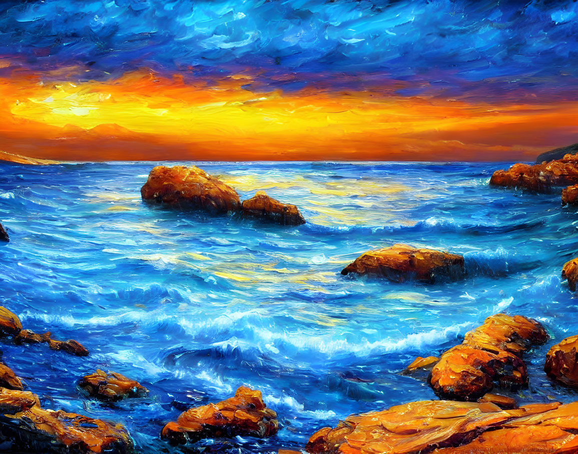 Vibrant sunset painting: waves crashing against rocks under colorful sky