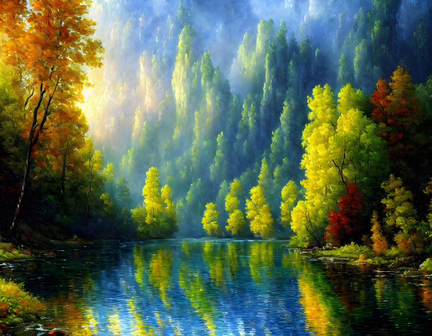 Tranquil river scene with autumn trees and hazy sky