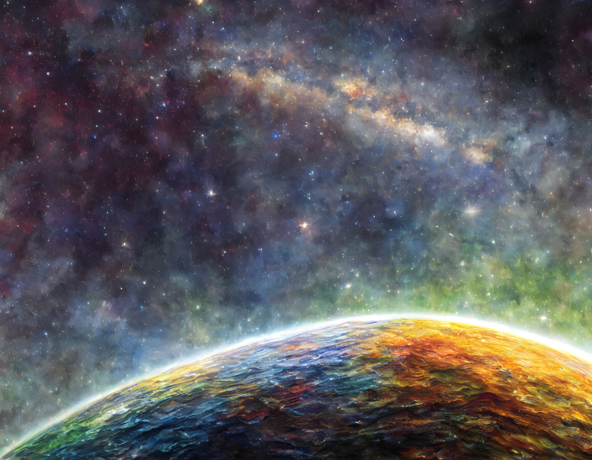 Colorful planet's surface against star-studded nebula in space