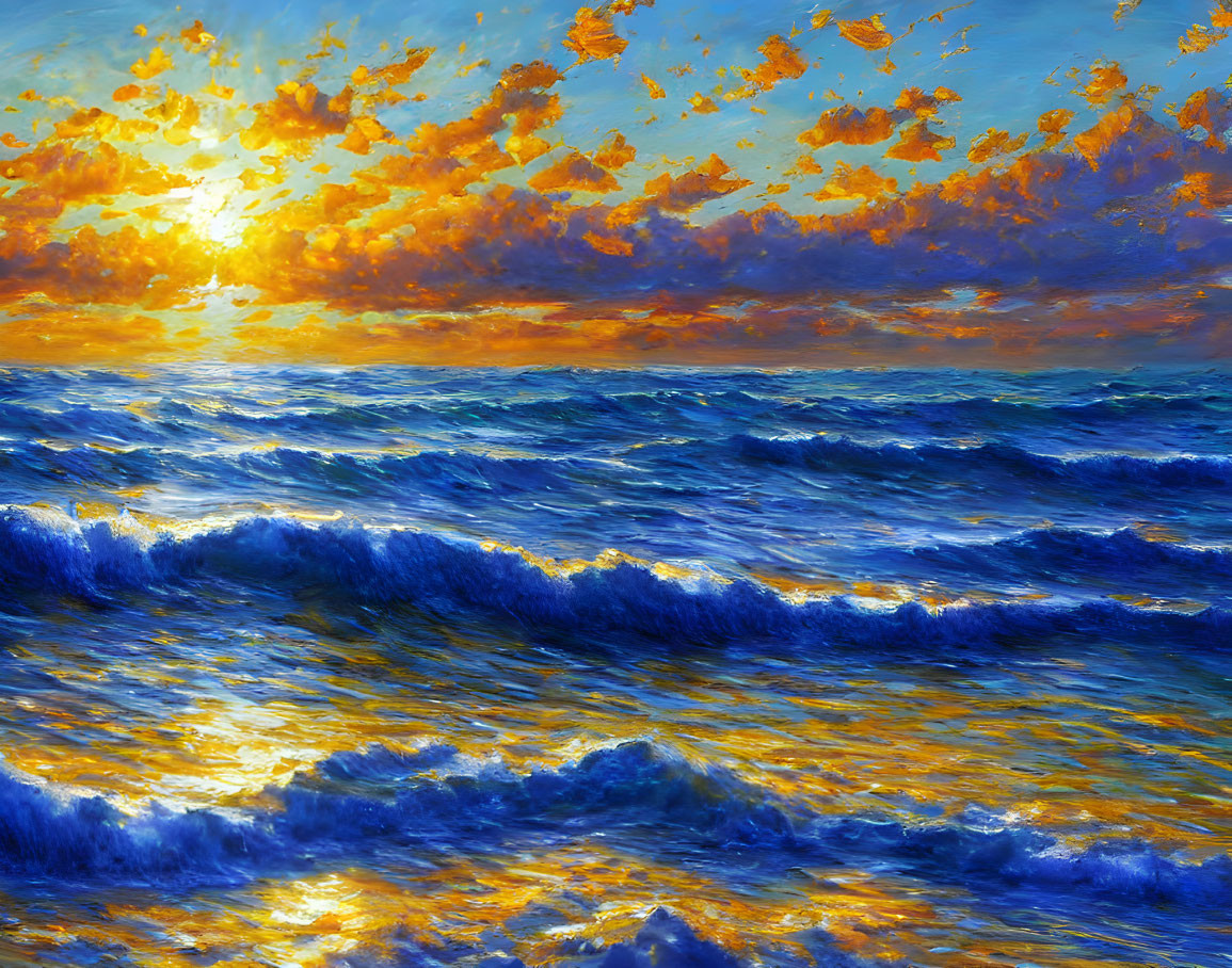 Golden sunlight illuminating vibrant seascape with scattered clouds.