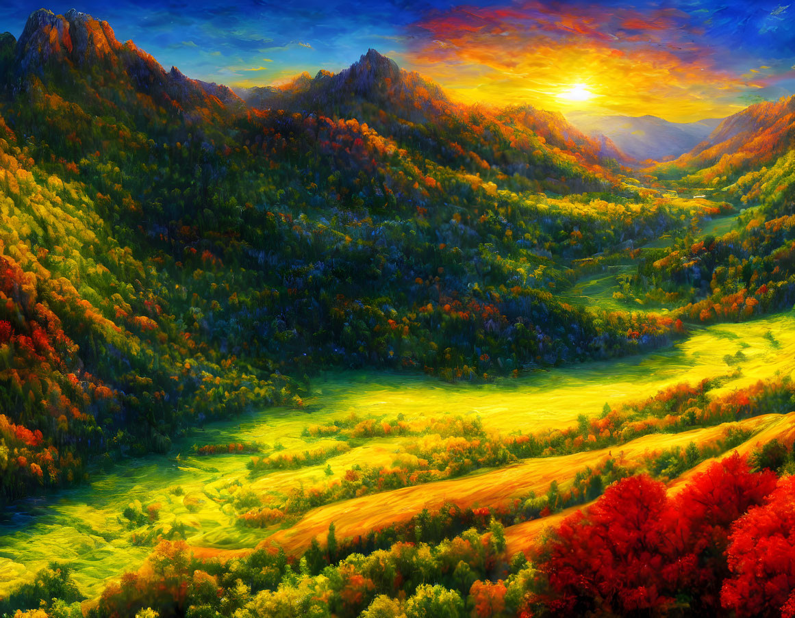 Scenic landscape with sunset over mountains and autumn trees