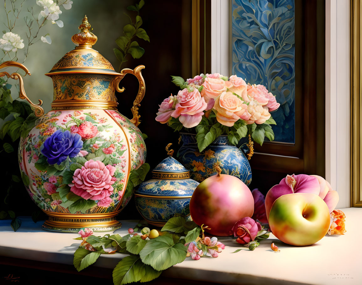 Ornate porcelain vases, pink roses, and fruits in a still life painting