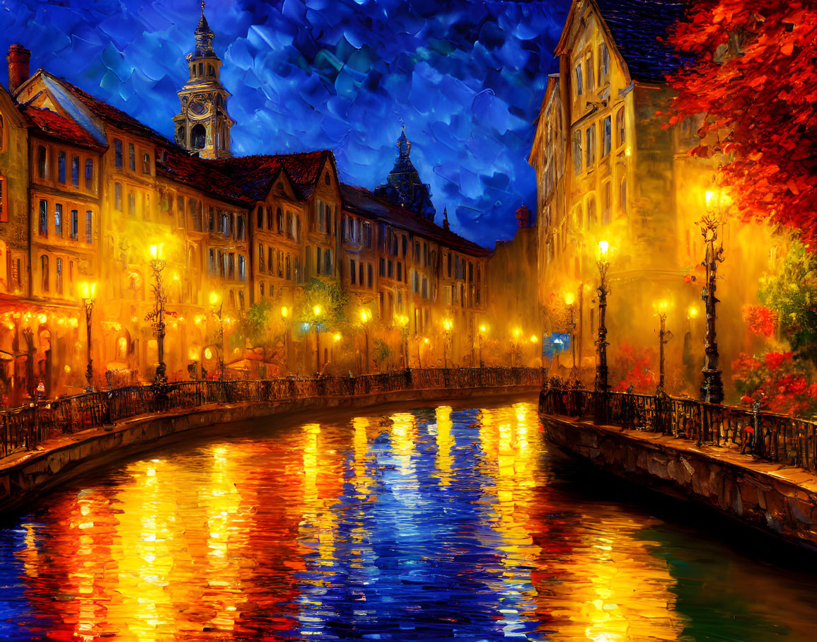 Impressionistic riverside night scene with historic buildings and street lamps.