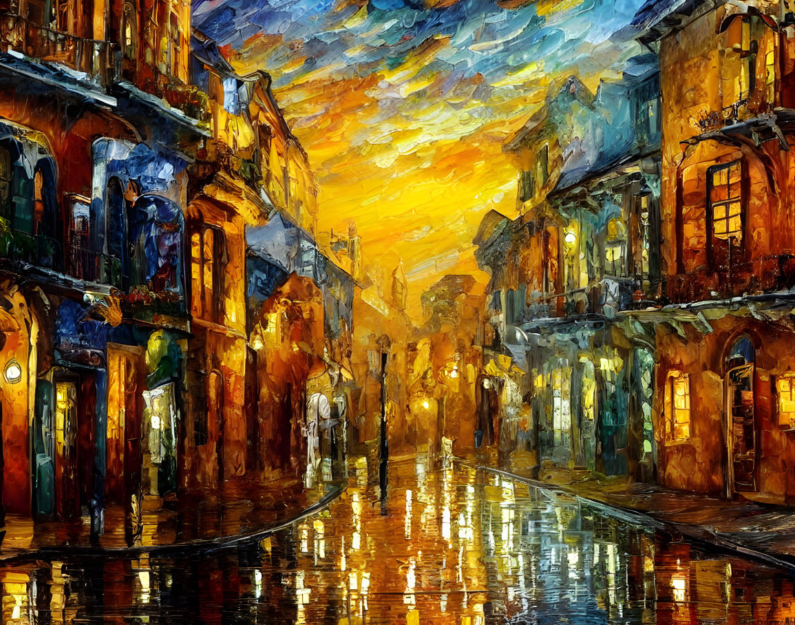 Vibrant rainy street scene at dusk with glowing lights and wet cobblestone