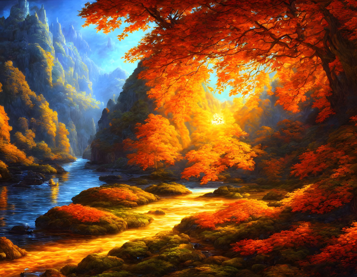 Vibrant Autumn Forest Scene with River and Sunlight