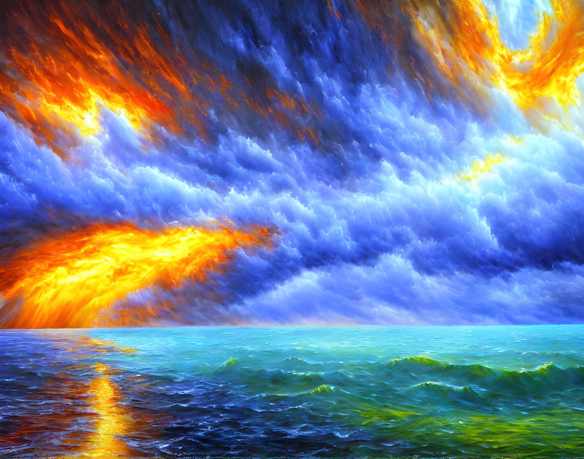 Vibrant artwork of dramatic ocean under fiery sky