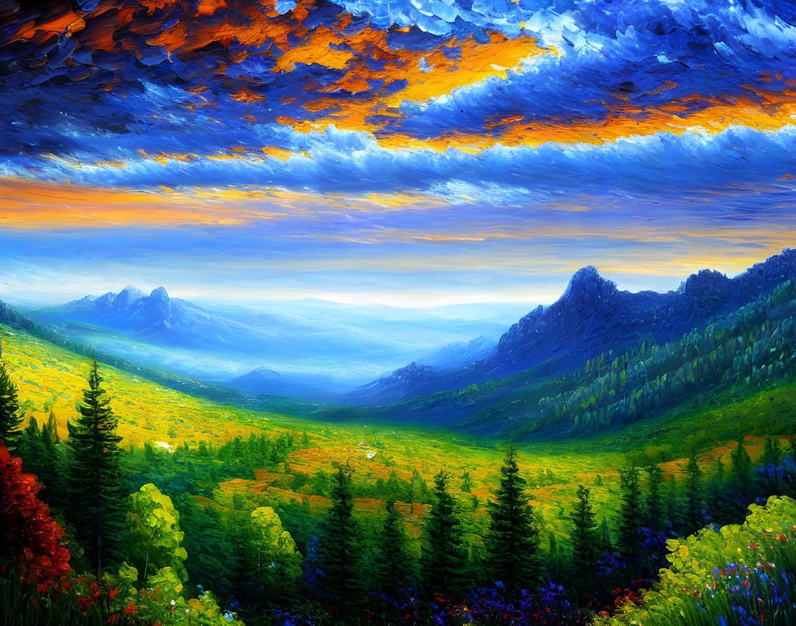 Colorful sunset mountain landscape with lush greenery and wildflowers.