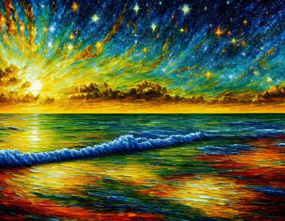 Colorful sunset ocean painting with waves and starry sky.