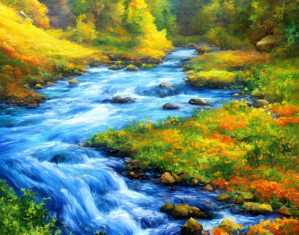 Colorful Autumn River Painting with Yellow, Orange, and Green Trees