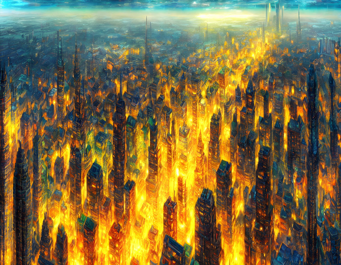 Burning futuristic cityscape with tall buildings and blue horizon