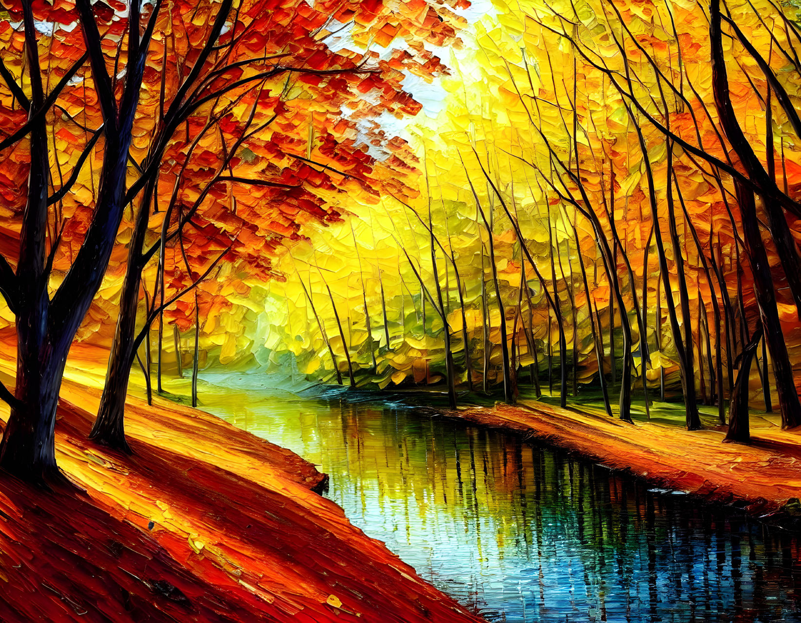 Colorful fall landscape painting with trees by river under bright sky