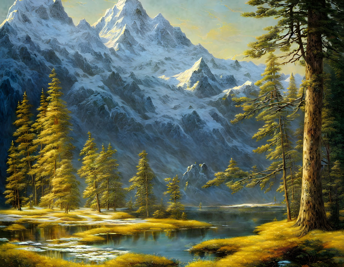 Serene Mountain Landscape with Lake and Evergreens