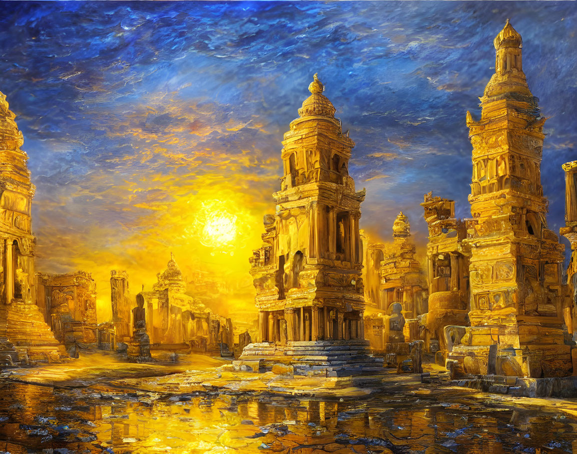 Sunlit ancient temples near reflective waters under dramatic sunset sky