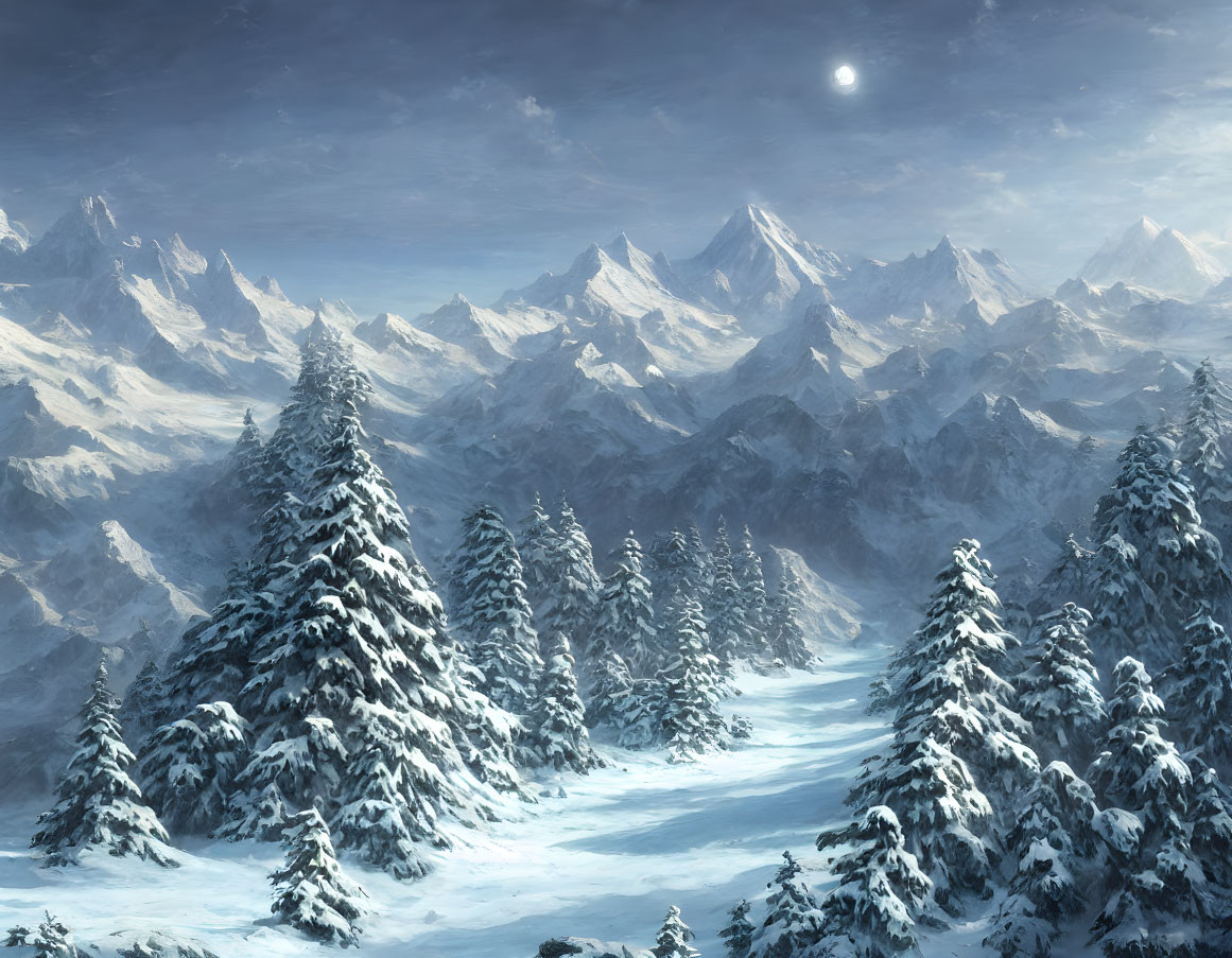 Snow-covered pine trees and snowy mountain peaks under a bright moon.