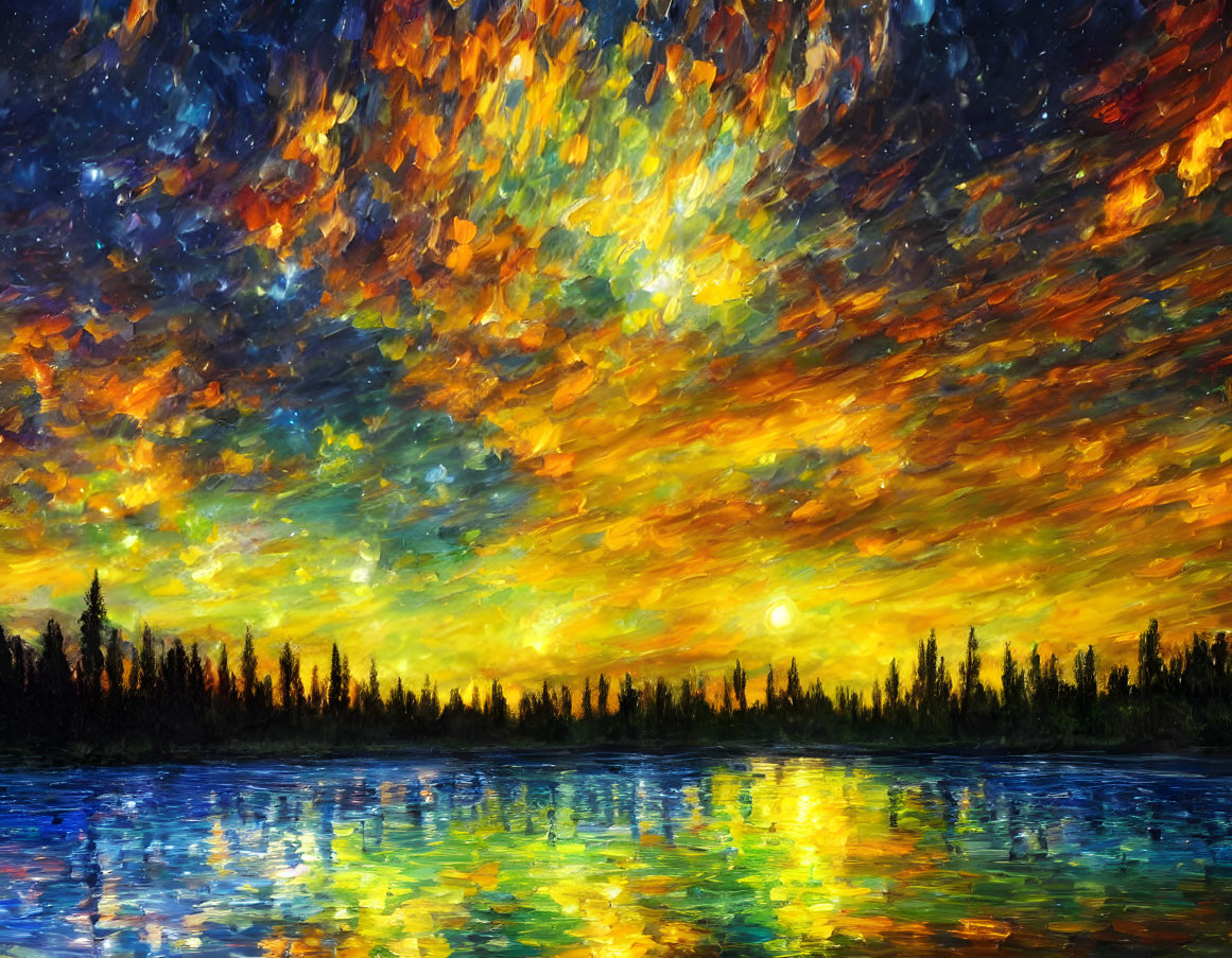 Colorful Sunset Painting Over Forest-Lined Lake