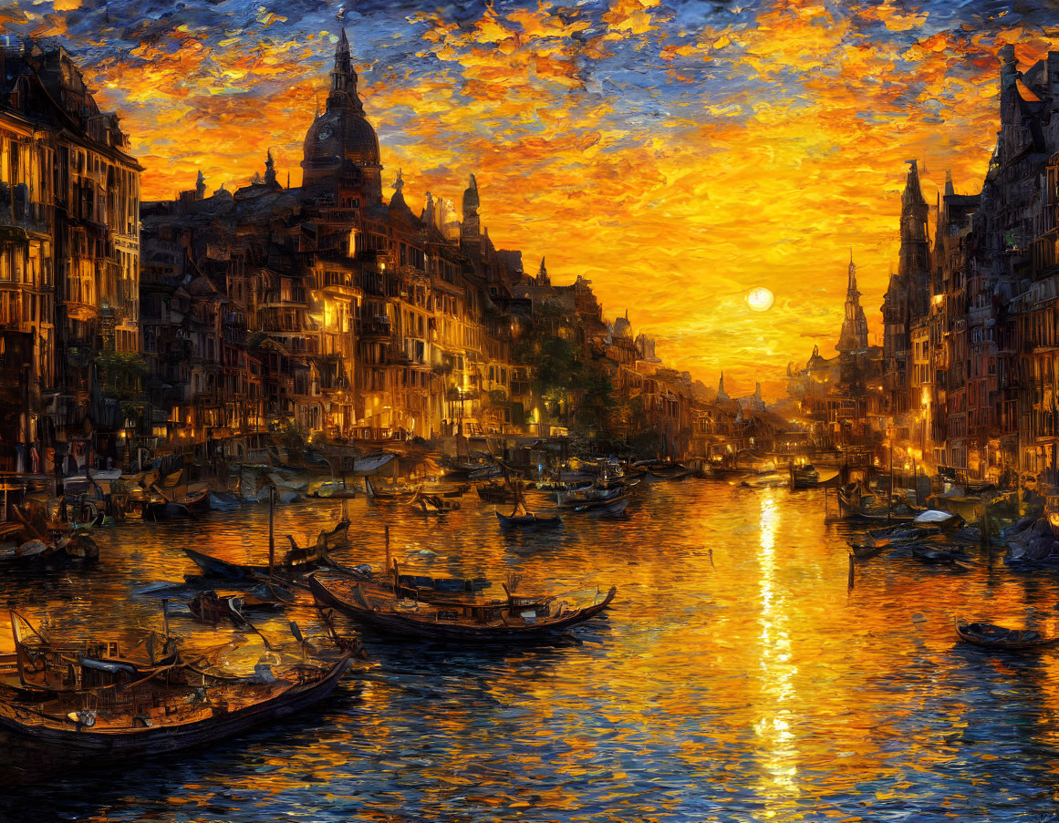 Impressionistic painting: Bustling canal at sunset