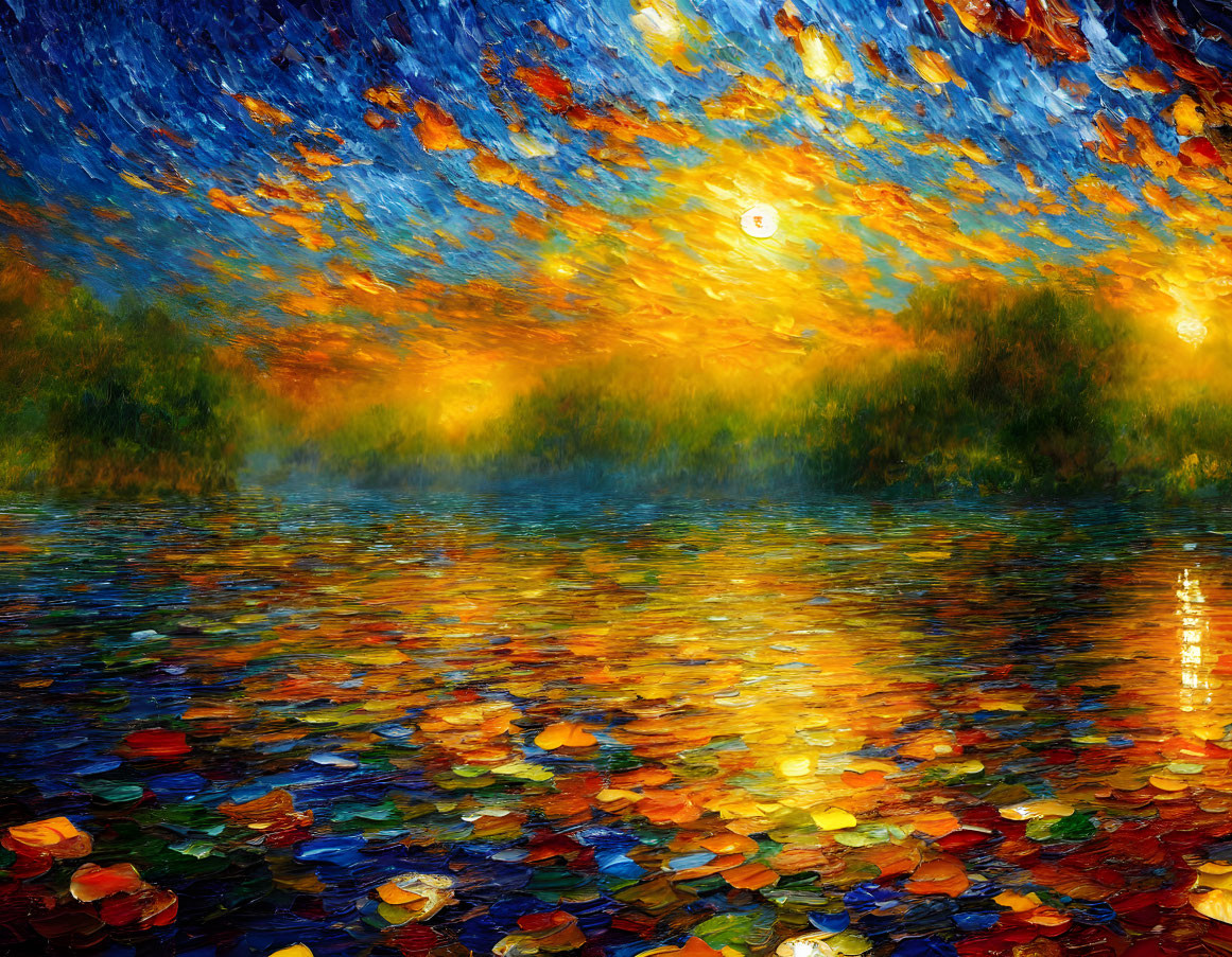 Vibrant Sunset Impressionistic Painting with Swirling Colors