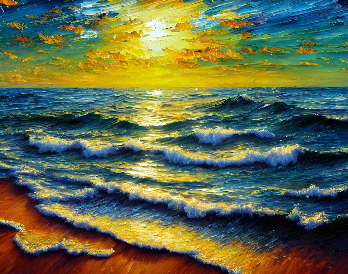 Sunset seascape with golden light on ocean waves and serene beach