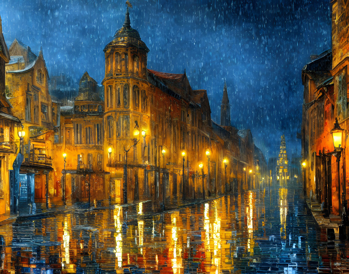 Rain-soaked cobblestone street with European architecture under twilight sky