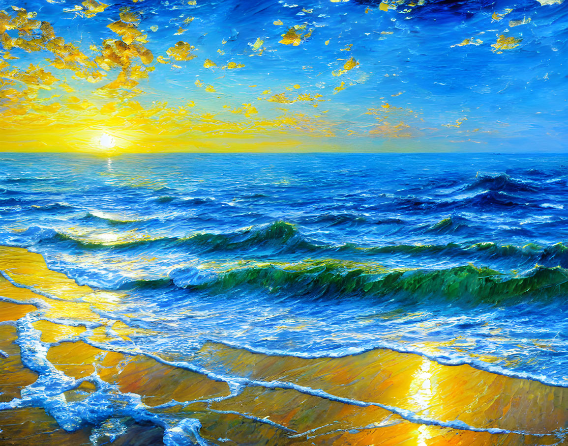 Sunset over ocean: Vibrant oil painting of dynamic waves and golden sky