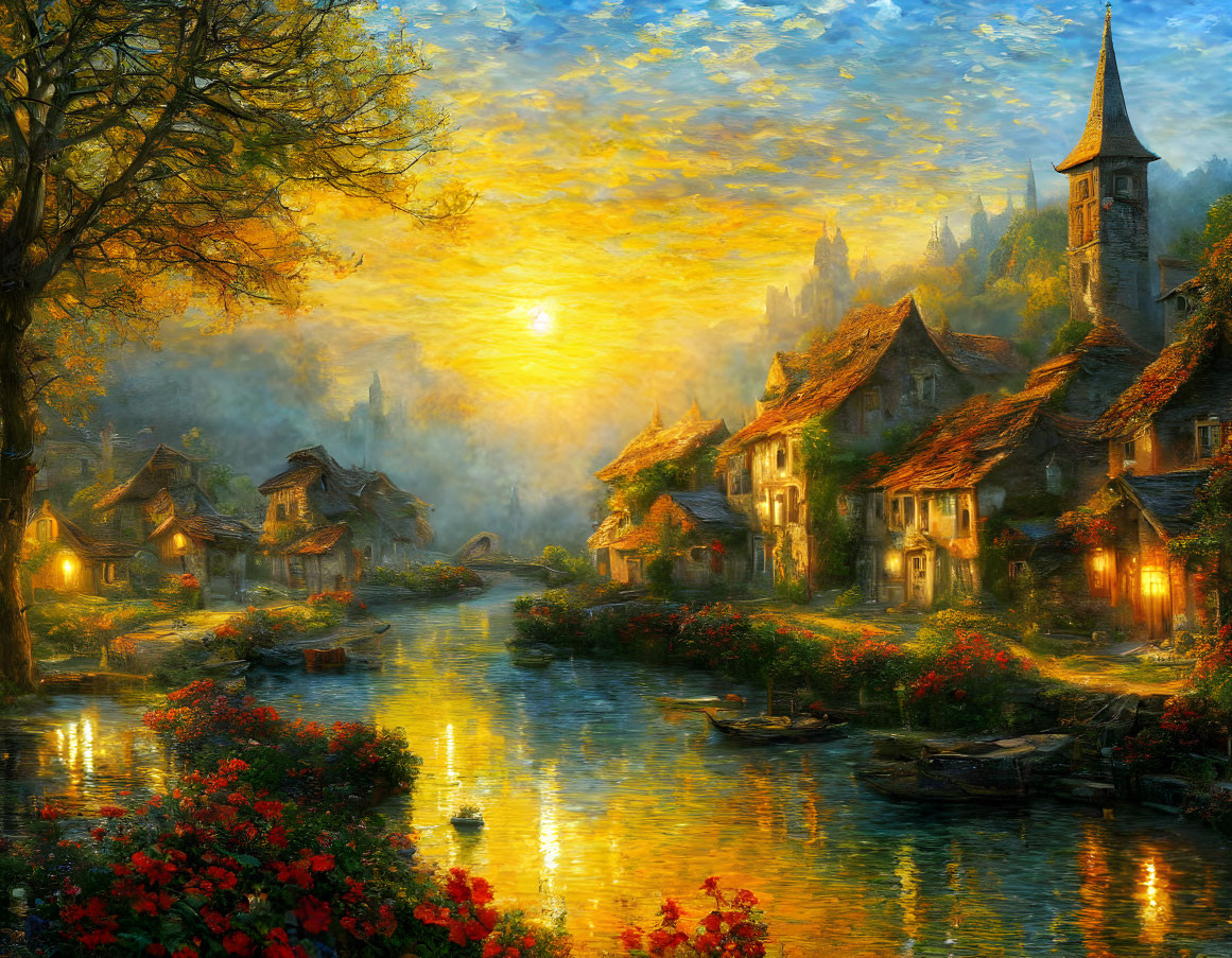 Scenic village at sunset: riverside houses, lush greenery, blooming flowers