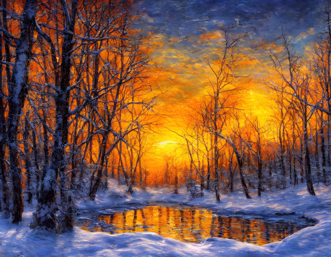 Fiery sunset over snowy forest and serene stream