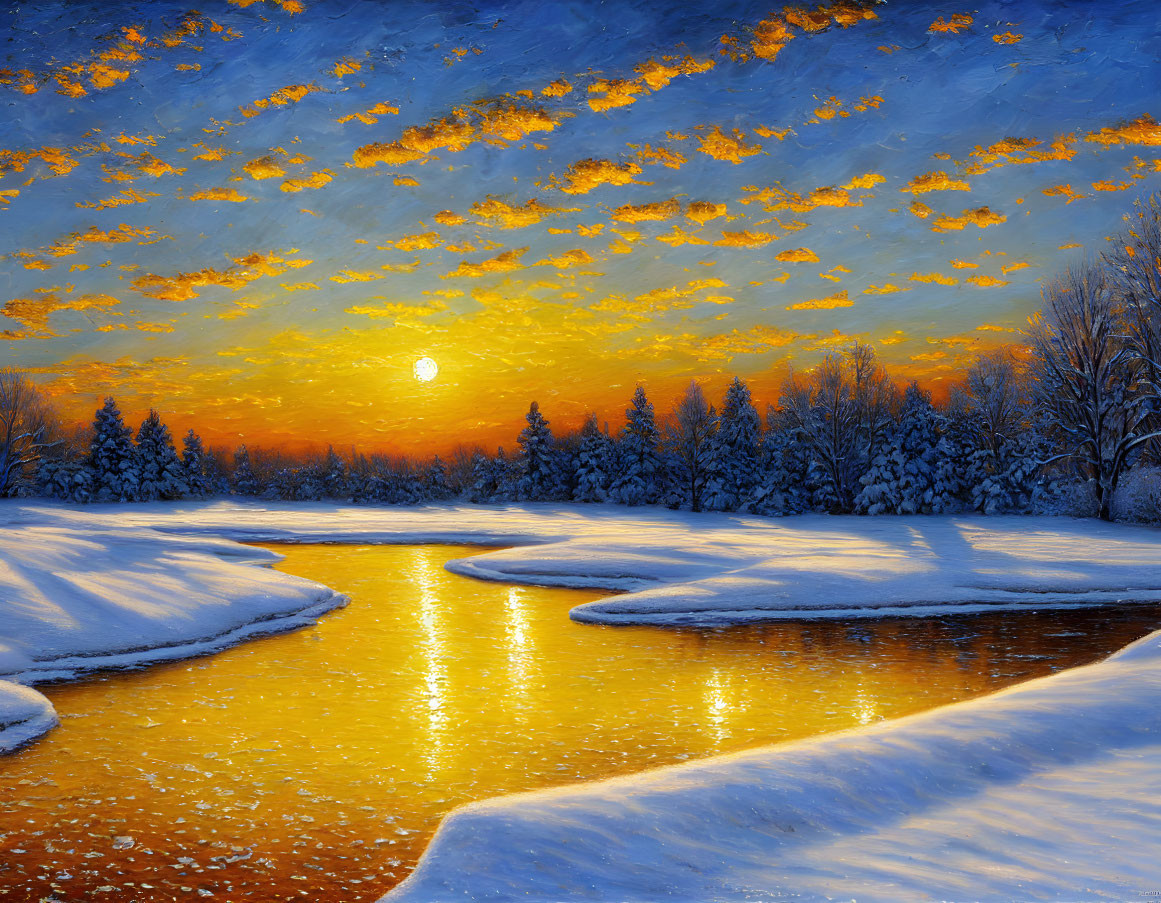 Snow-covered trees and golden sunset over river in winter landscape