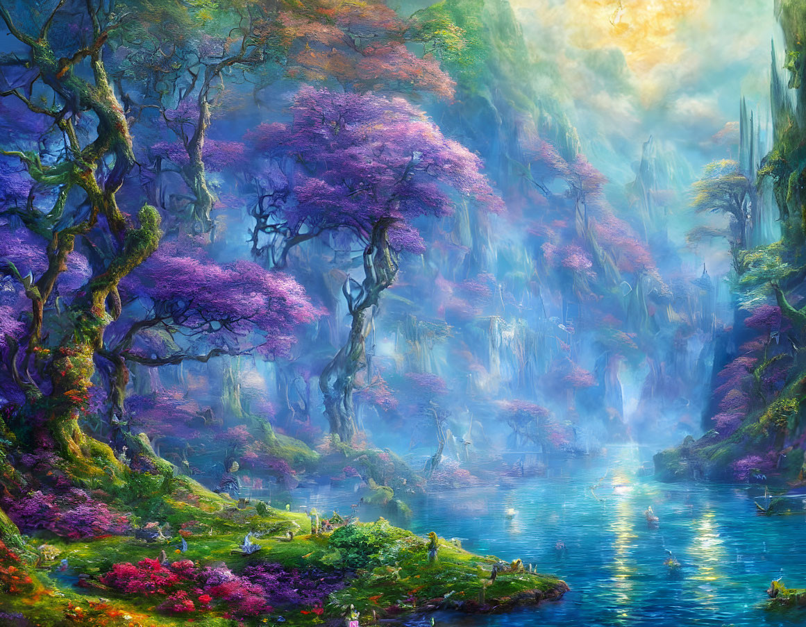 Serene blue river in vibrant fantasy landscape