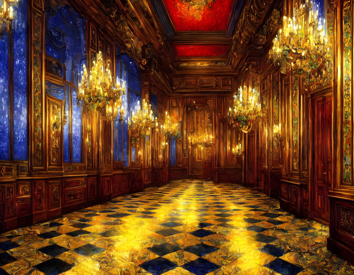 Opulent hall with blue walls, red ceiling, chandeliers, and checkerboard floor