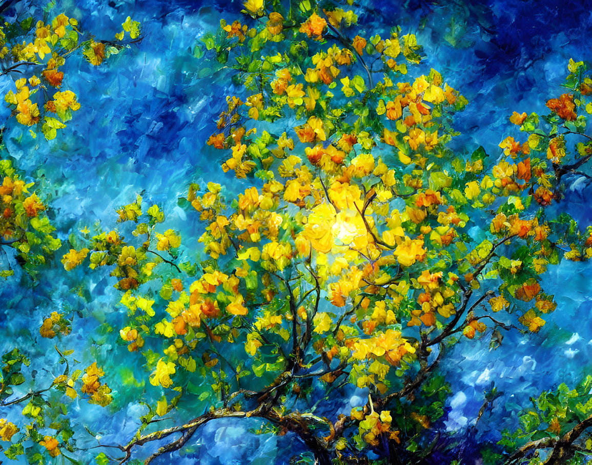 Vibrant painting of golden tree blossoms on blue background