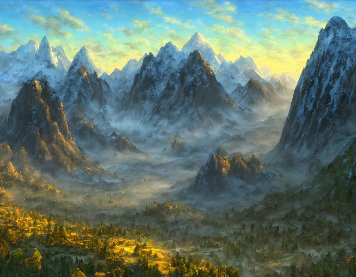 Misty mountain range with snow-capped peaks and golden-lit valley