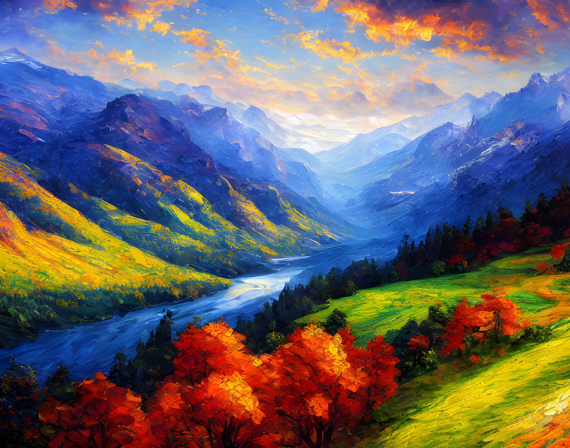 Colorful autumn landscape with river, mountains, and sunset sky