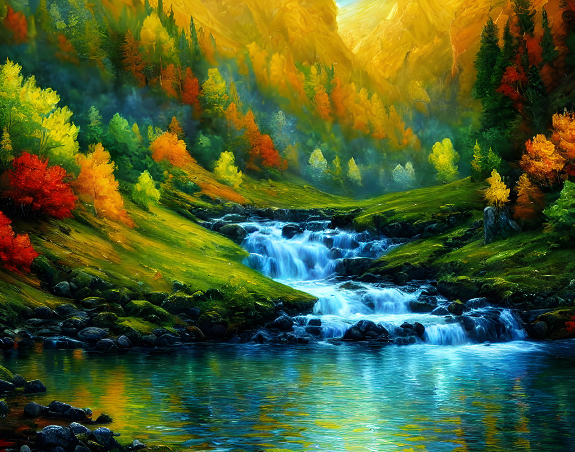 Colorful Autumn Landscape with Cascading Stream and Serene Lake