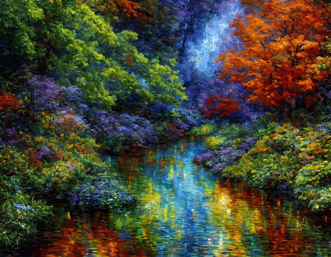 Autumn forest with colorful trees reflected in serene river