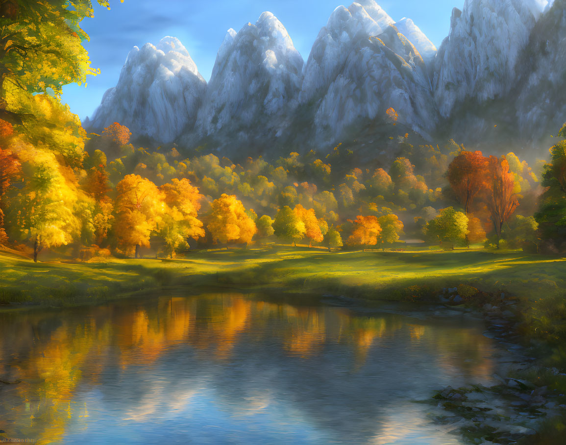 Autumn landscape with golden trees, lake reflection, and snow-capped mountains