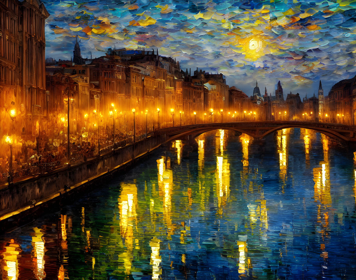 Impressionistic cityscape at dusk with arched bridge and illuminated street lamps