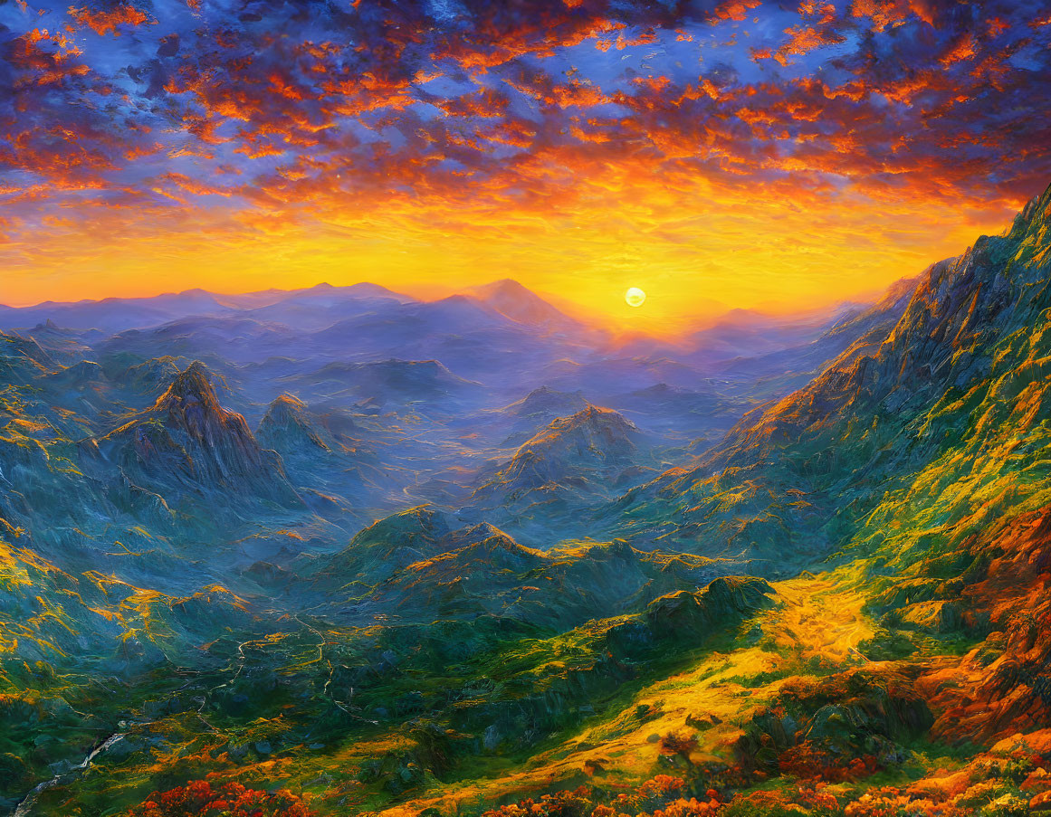 Colorful sunset mountain landscape with vibrant clouds and lush valley