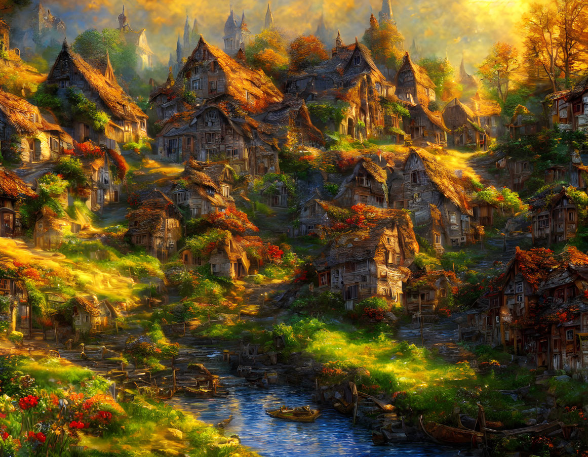 Rustic fantasy village with river, autumn foliage, and sunset