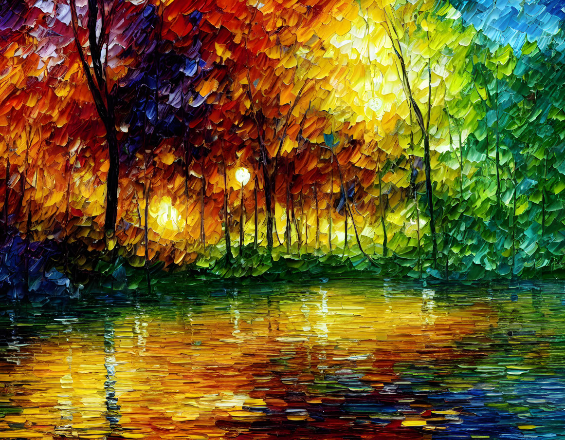 Colorful Autumn Forest Painting with Water Reflections