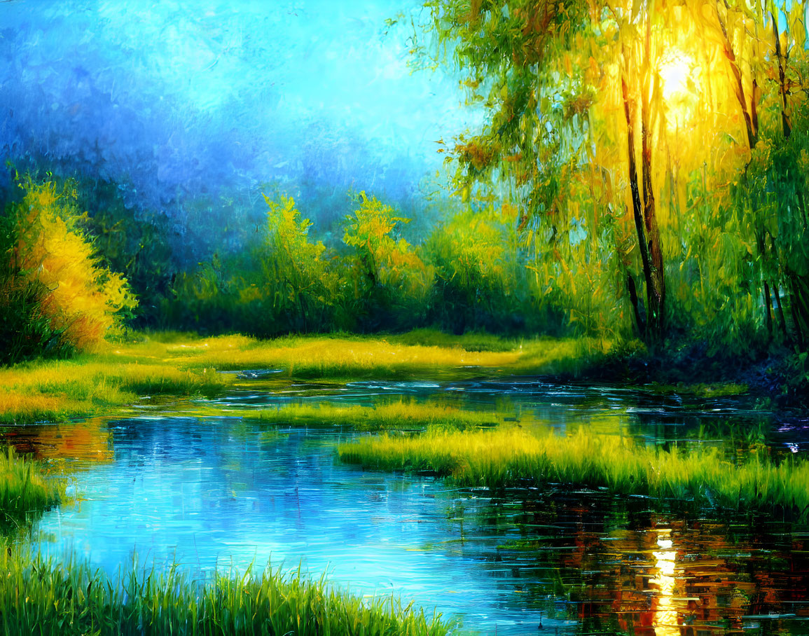 Serene riverscape painting with sunlight and lush trees