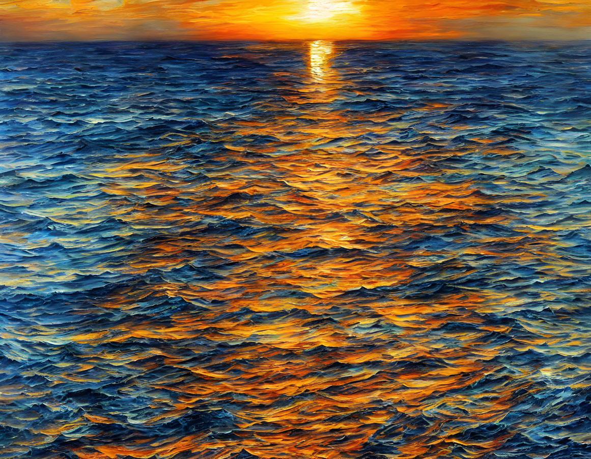 Vibrant sunset reflection on ocean waves with blue and orange hues