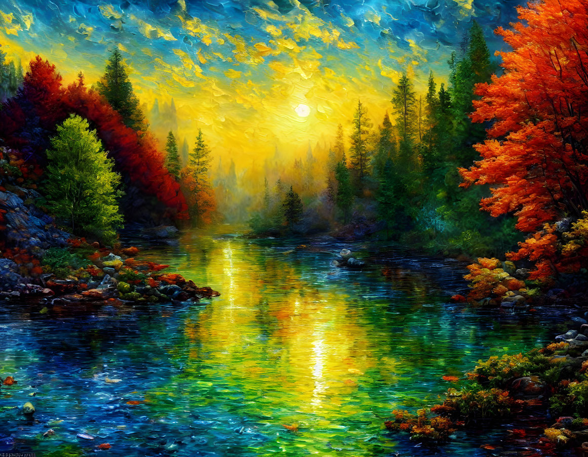 Autumn forest painting with river reflection at sunset