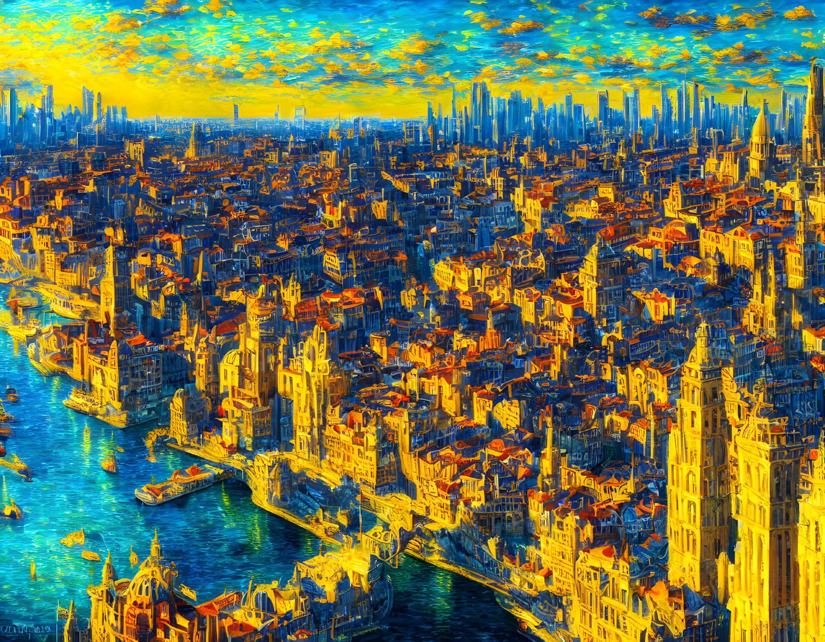 Vibrant impressionist cityscape with ornate buildings and canals